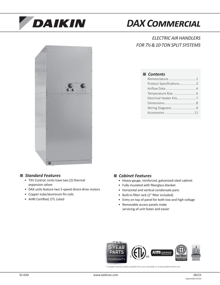 Daikin DAX09043A cut sheet — first page