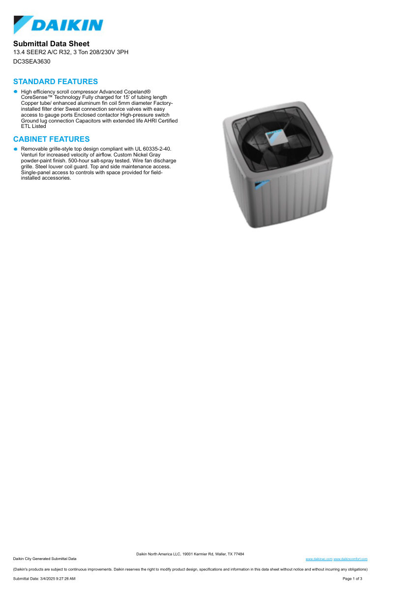 Daikin DC3SEA3630 cut sheet — first page