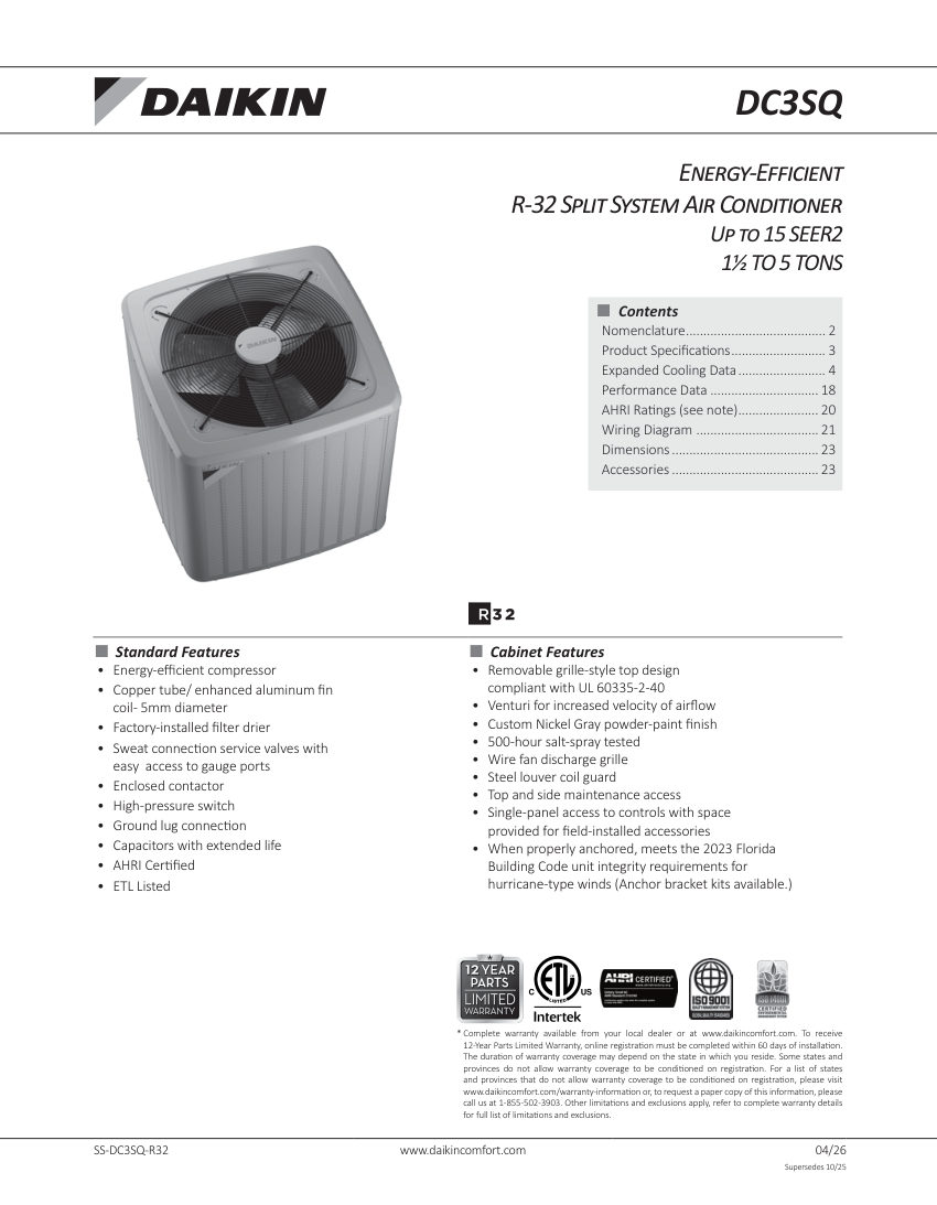 Daikin DC3SQ-R32 cut sheet — first page