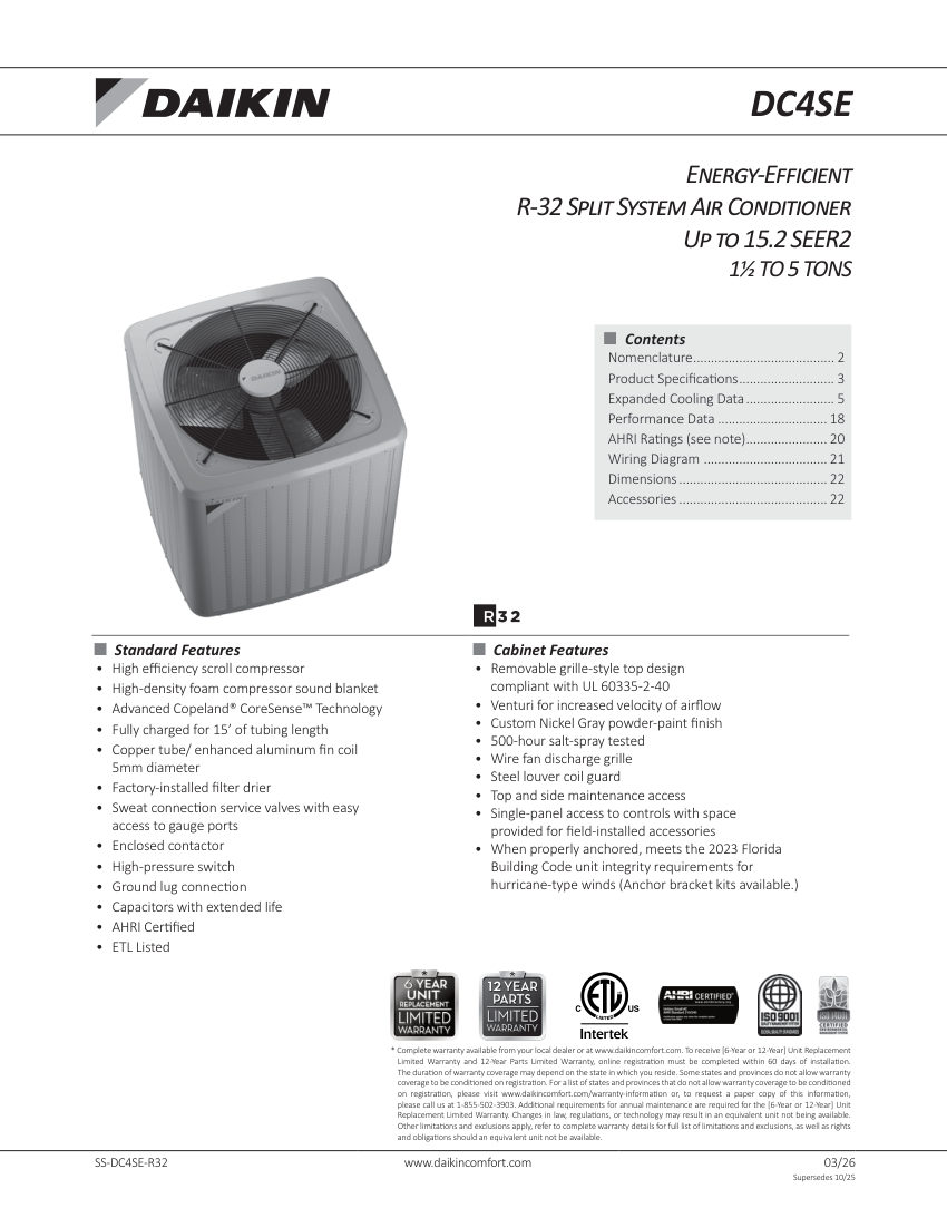 Daikin DC4SEA cut sheet — first page