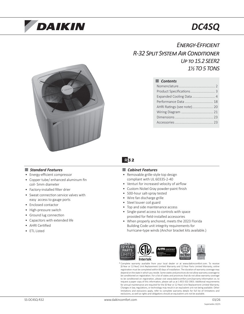 Daikin DC4SQ-R32 cut sheet — first page