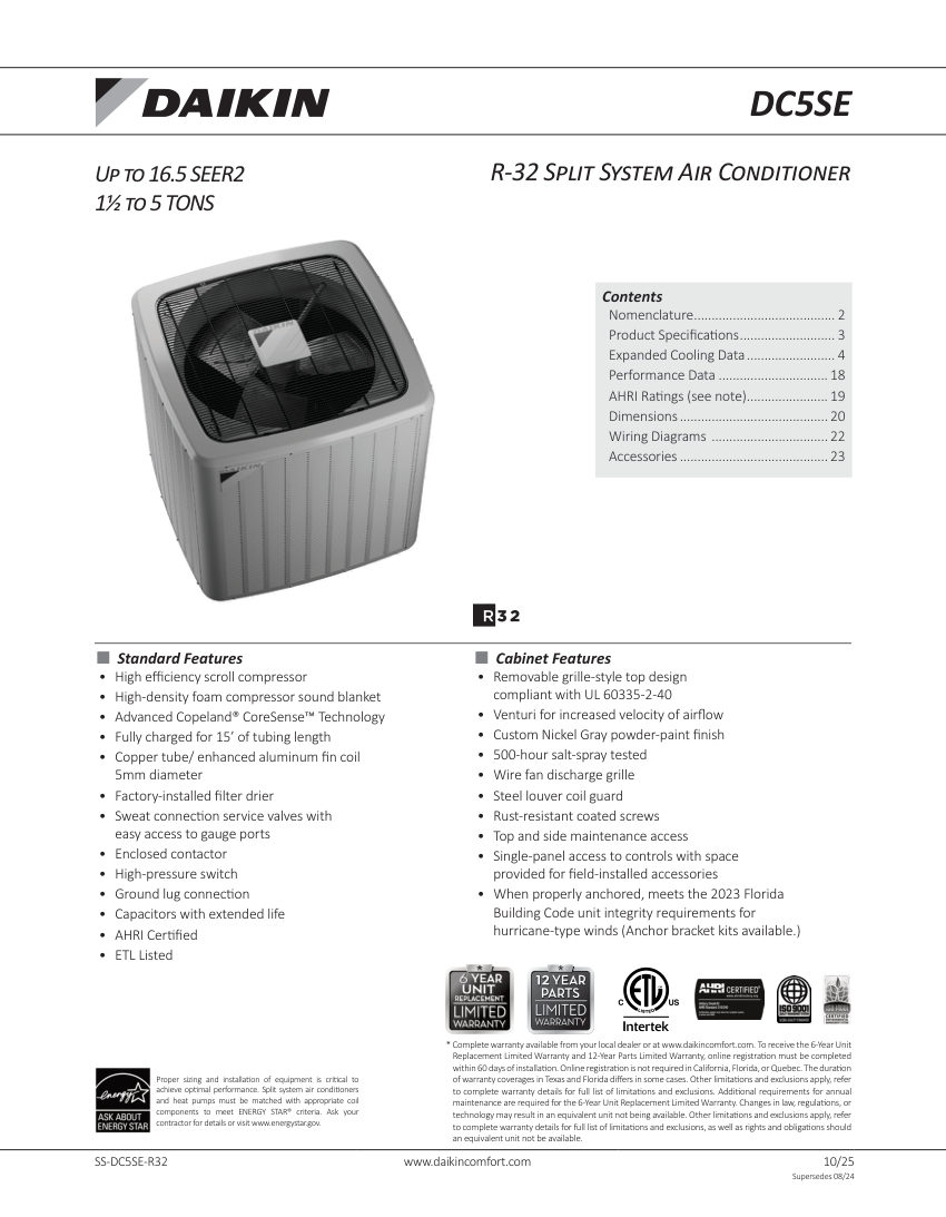 Daikin DC5SE-R32 cut sheet — first page