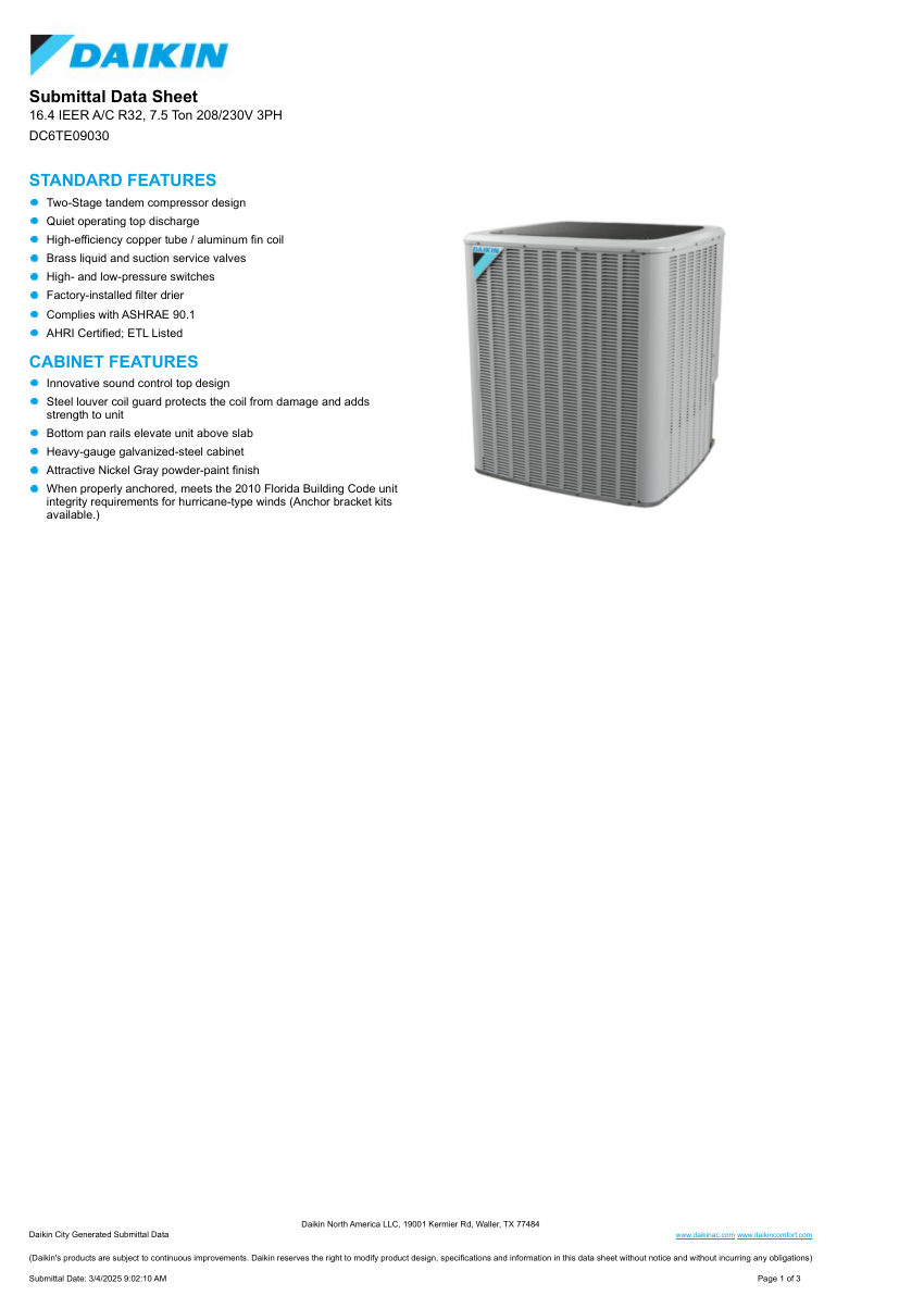 Daikin DC6TE09030 cut sheet — first page
