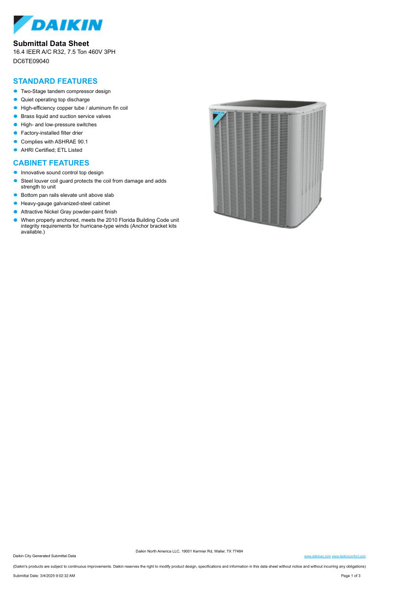 Daikin DC6TE09040 cut sheet — first page