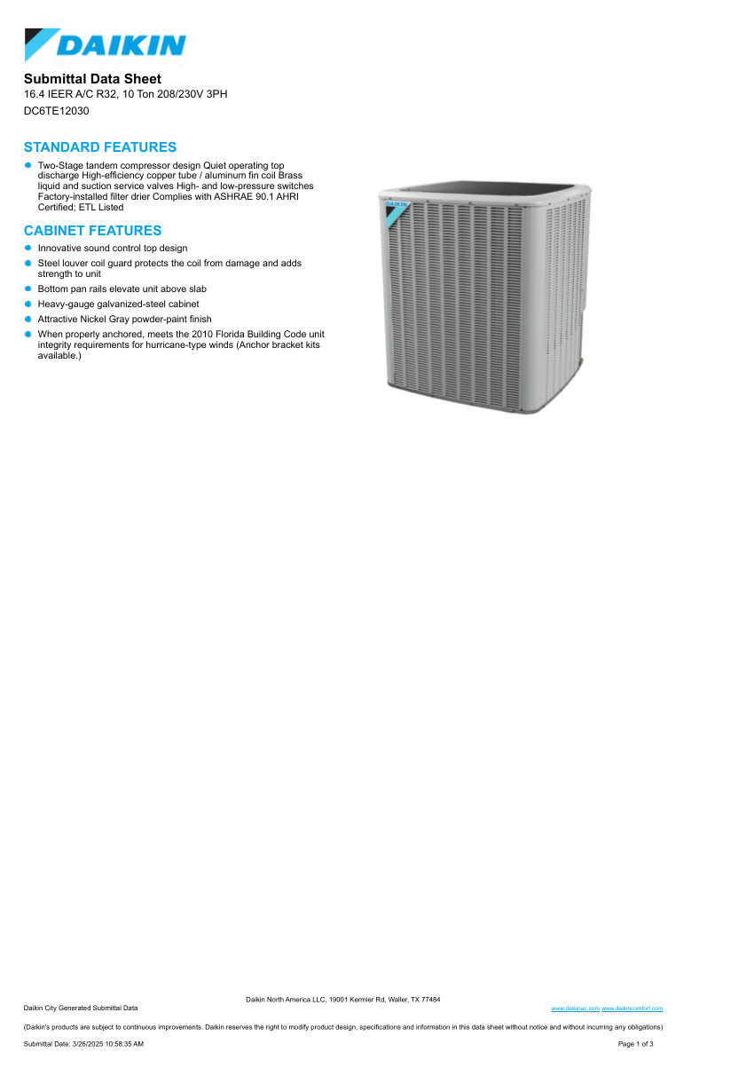 Daikin DC6TE12030 cut sheet — first page
