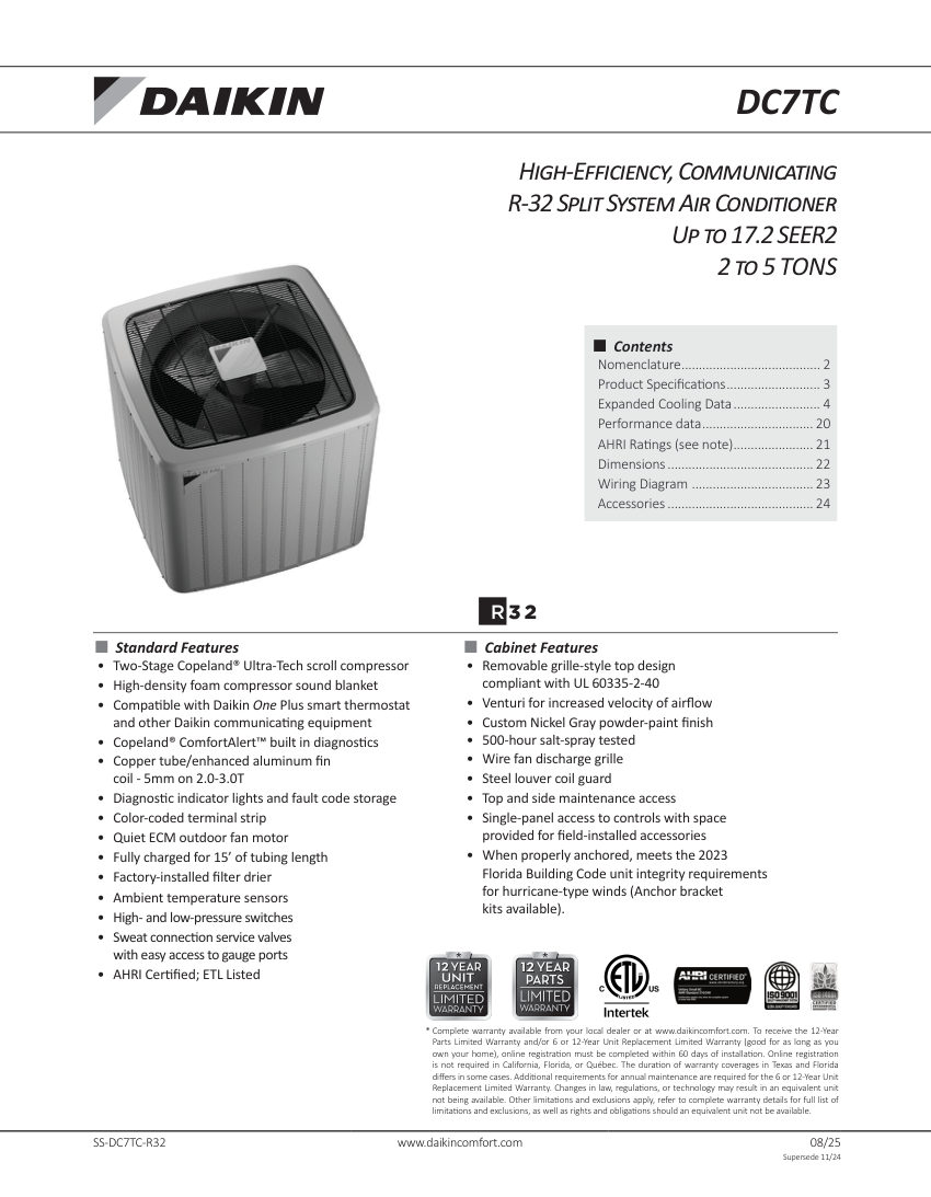 Daikin DC7TC-R32 cut sheet — first page