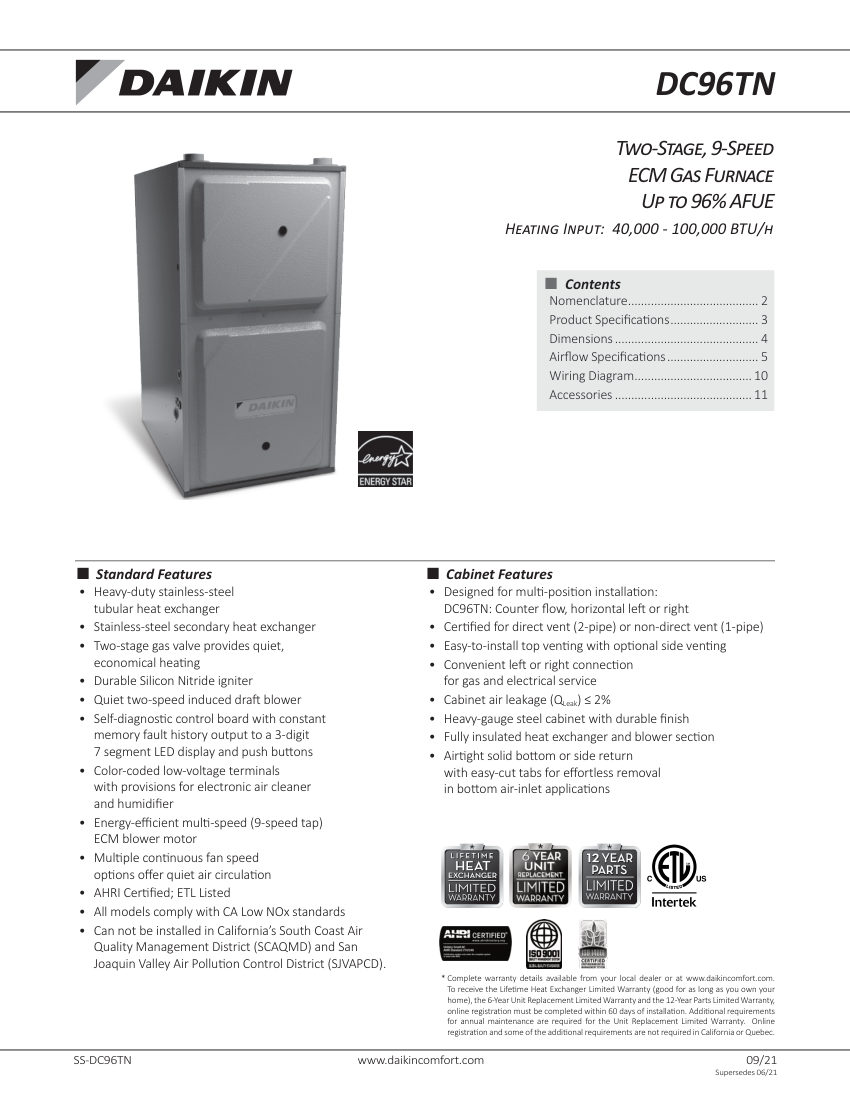 Daikin DC96TN cut sheet — first page
