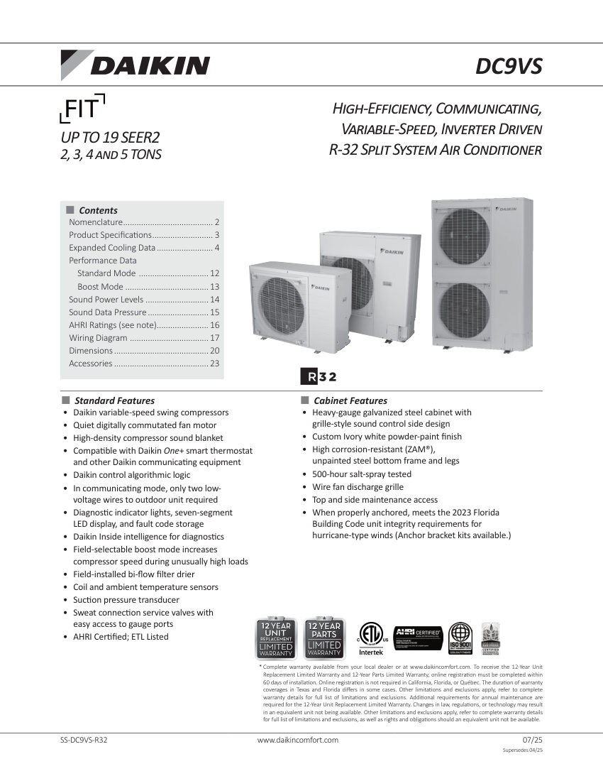 Daikin DC9VS-R32 cut sheet — first page