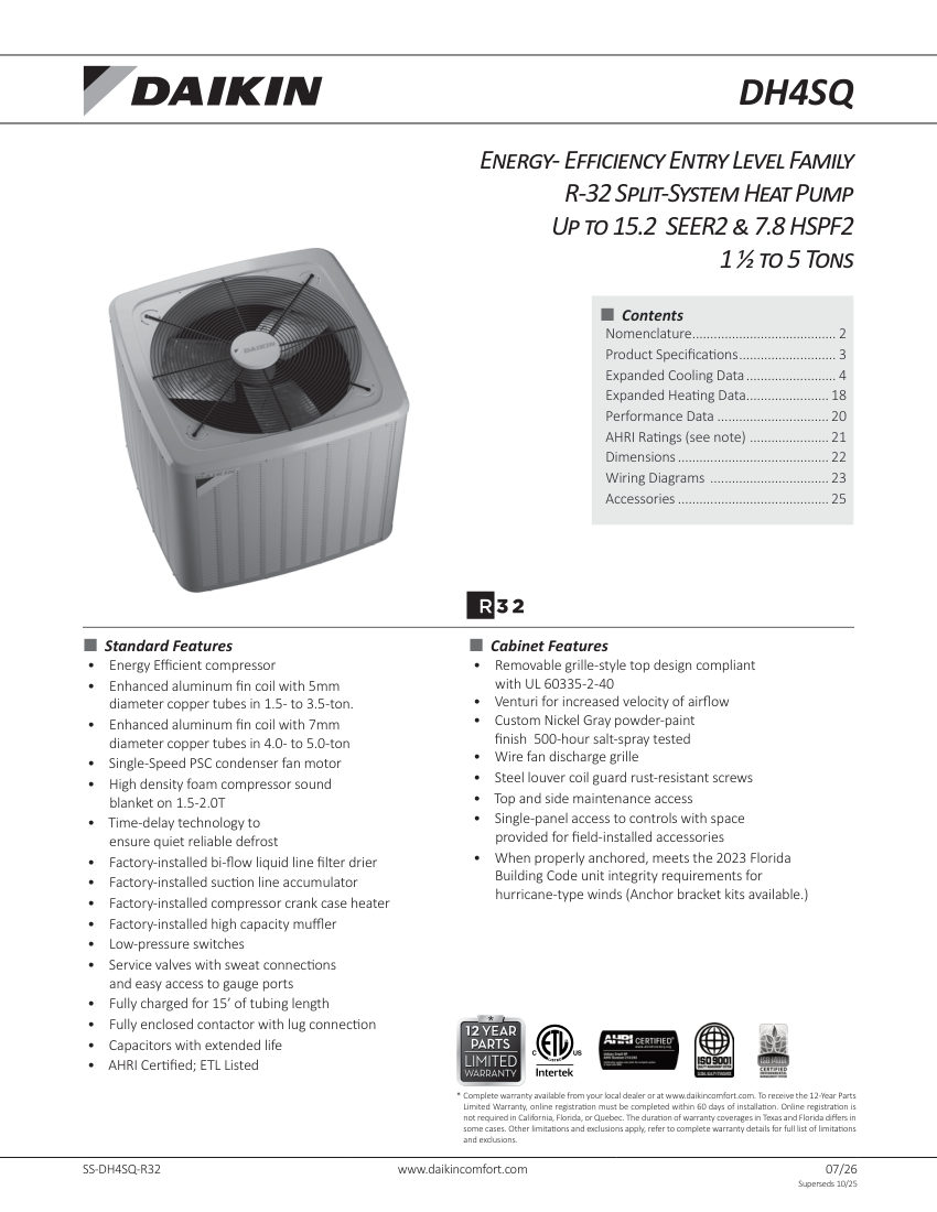 Daikin DH4SQ-R32 cut sheet — first page