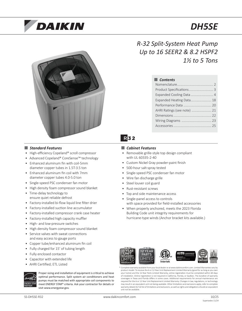 Daikin DH5SE-R32 cut sheet — first page