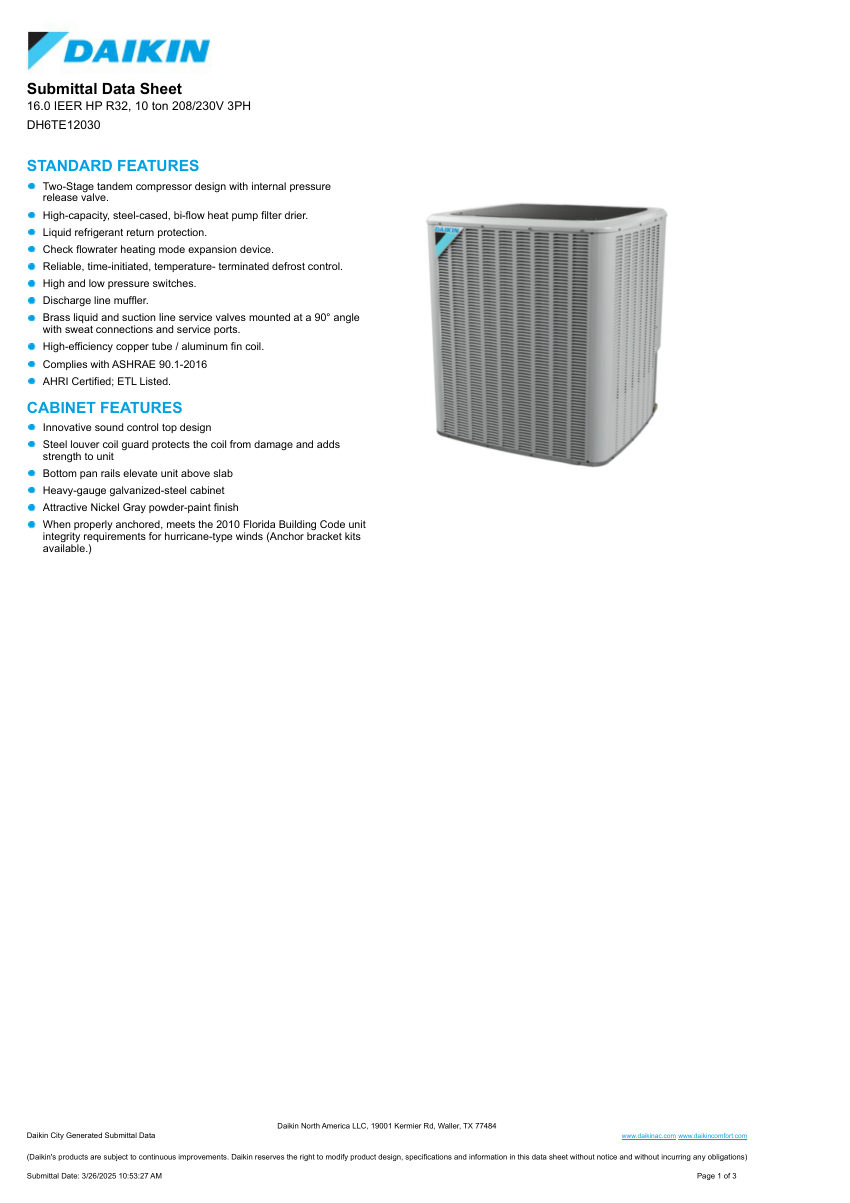 Daikin DH6TE12030 cut sheet — first page