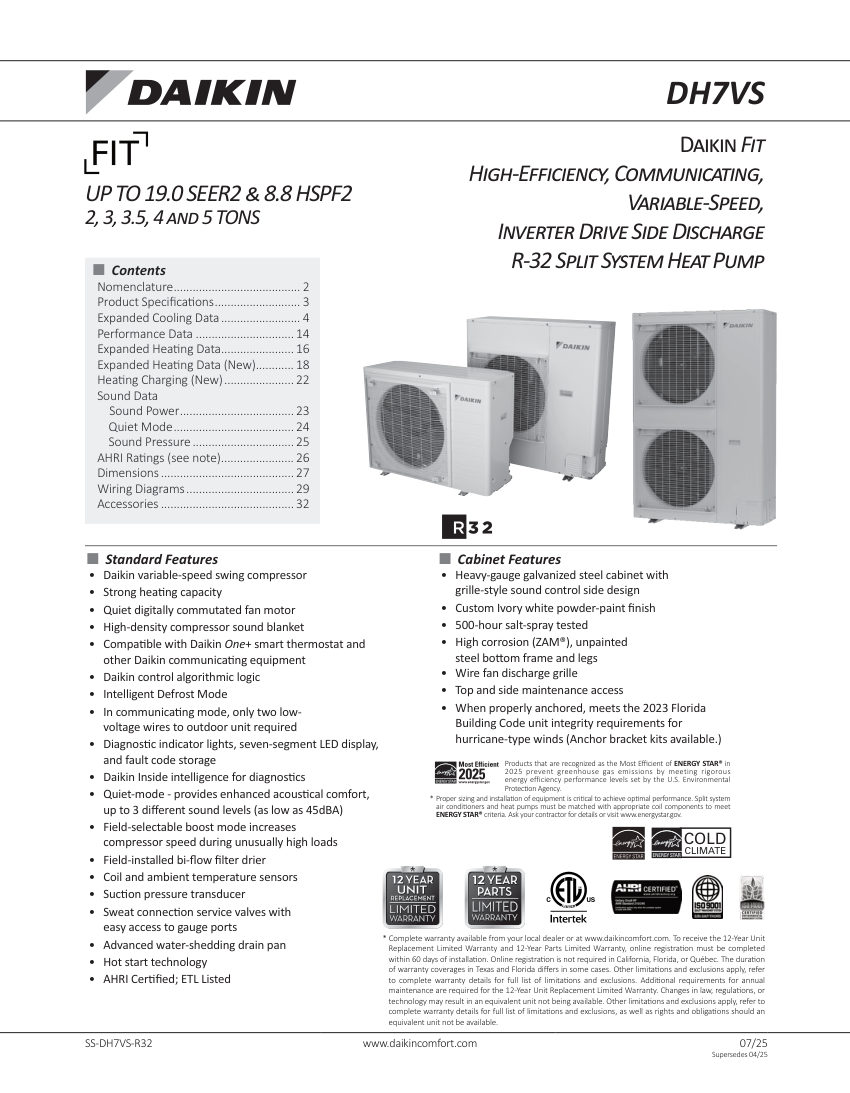 Daikin DH7VS-R32 cut sheet — first page
