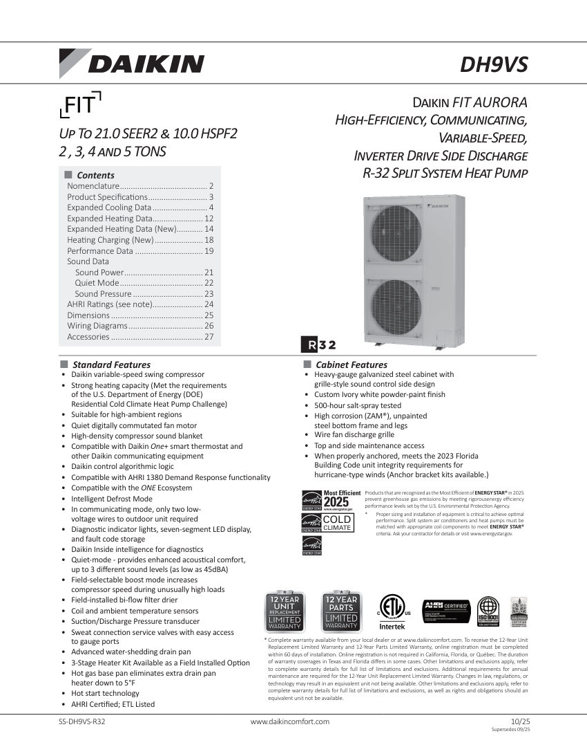 Daikin DH9VSA cut sheet — first page
