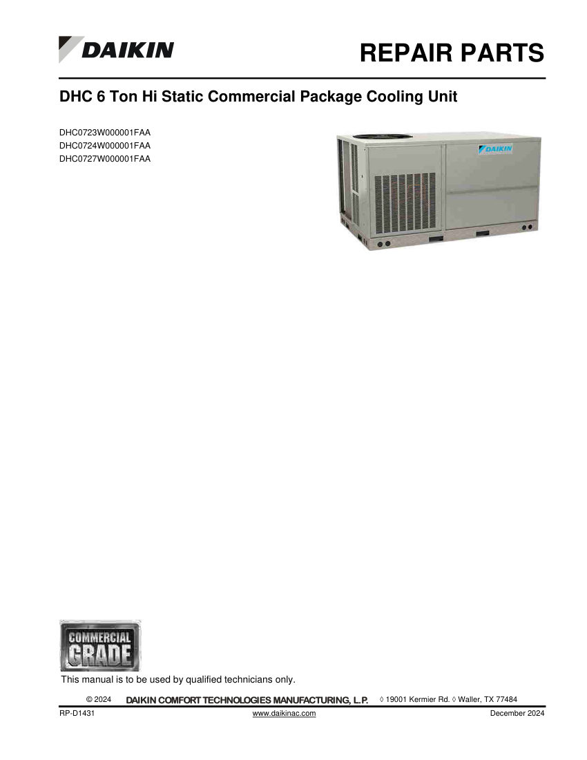 Daikin DHC0723W000001FAA cut sheet — first page