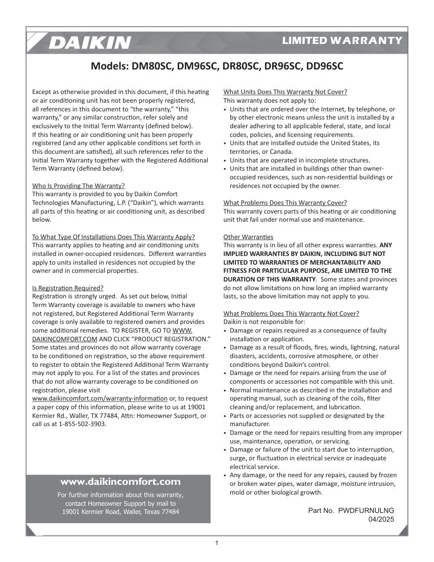 Daikin DM80SC cut sheet — first page