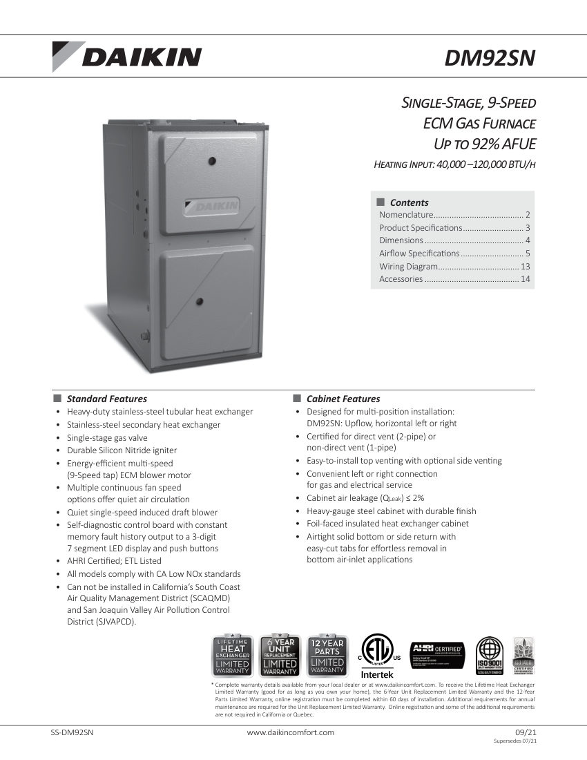 Daikin DM92SN cut sheet — first page