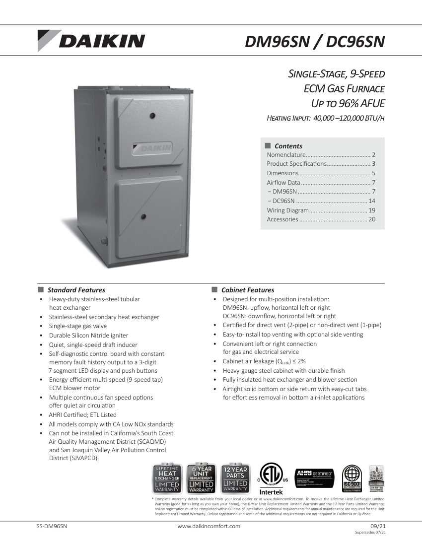 Daikin DM96SN cut sheet — first page