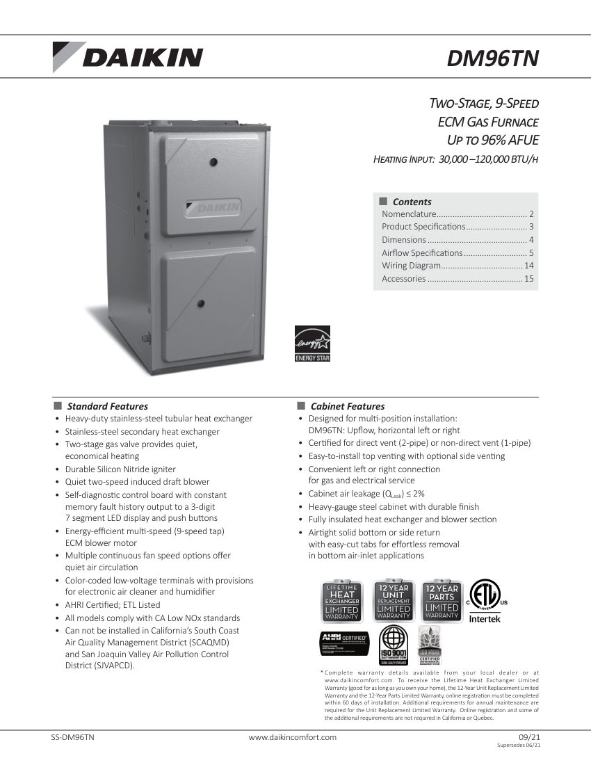 Daikin DM96TN cut sheet — first page