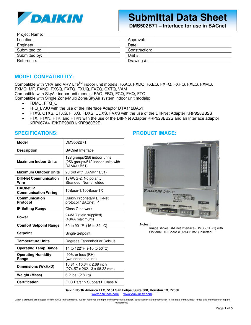 Daikin DMS502B71 cut sheet — first page