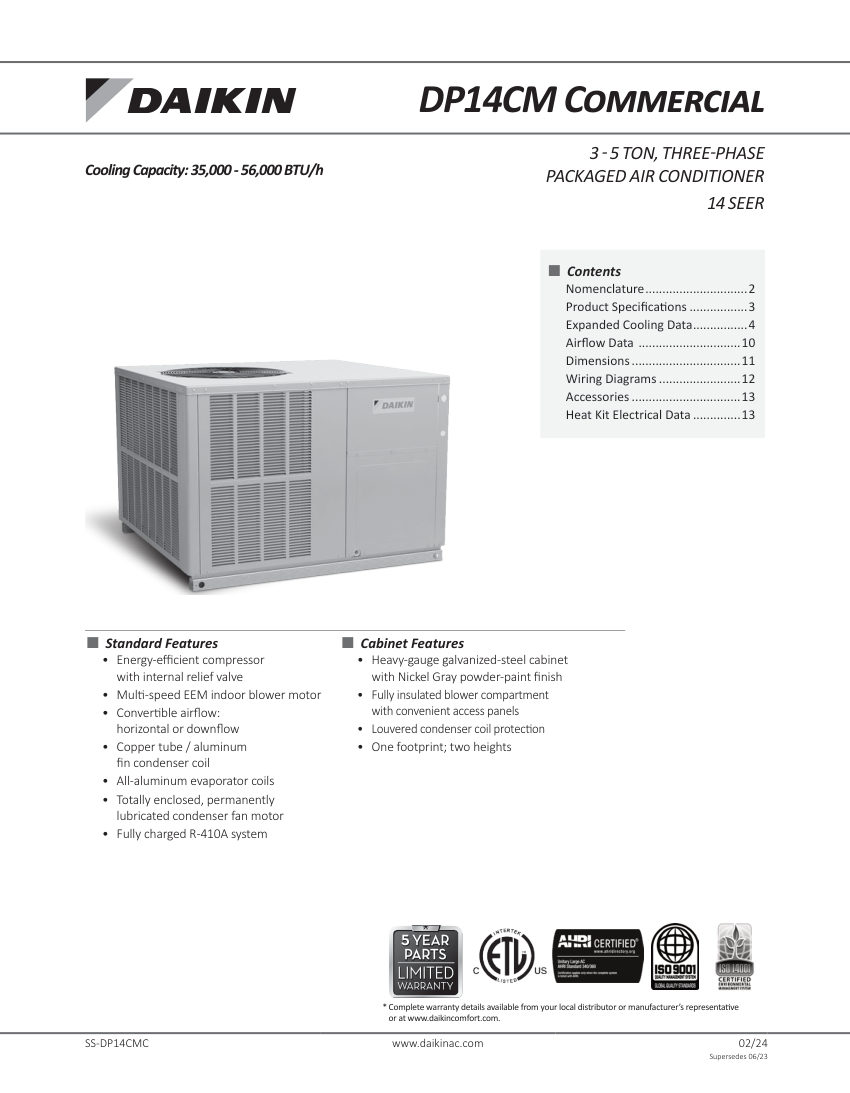 Daikin DP14CM cut sheet — first page