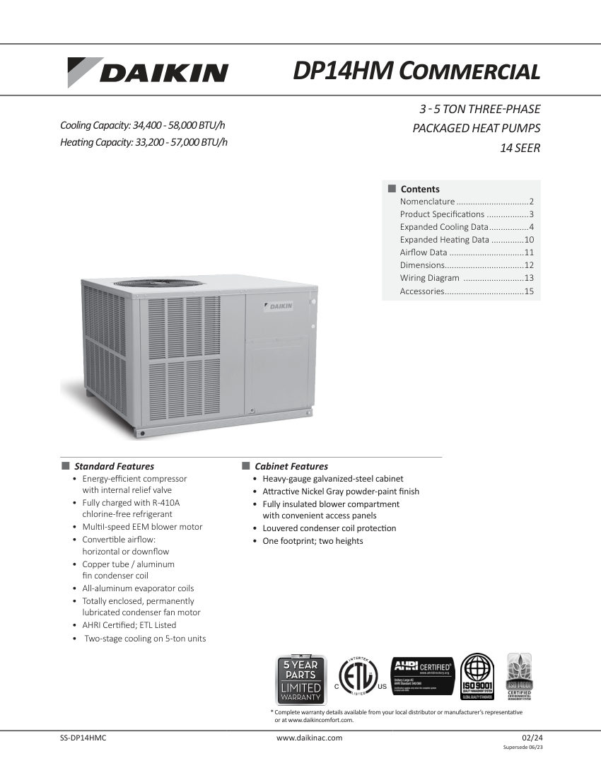 Daikin DP14HM3643A* cut sheet — first page