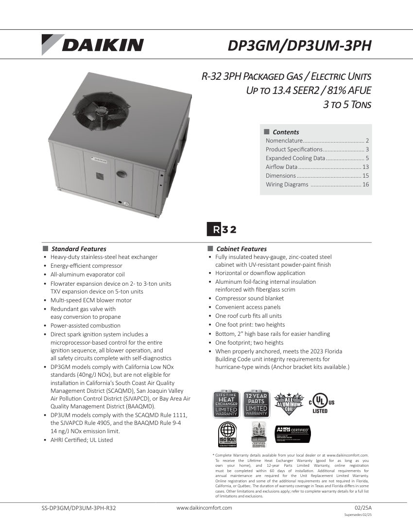 Daikin DP3 cut sheet — first page