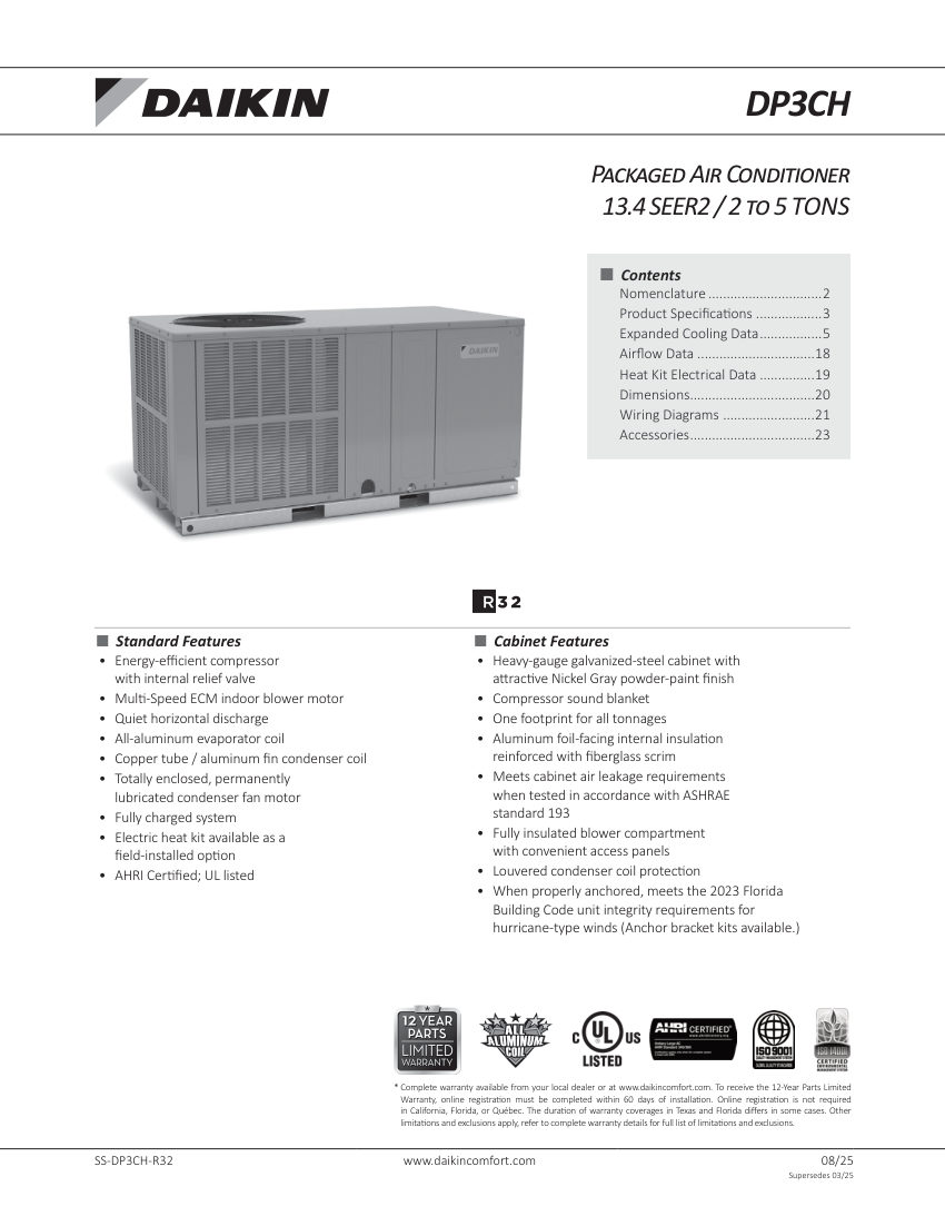 Daikin DP3CH-R32 cut sheet — first page