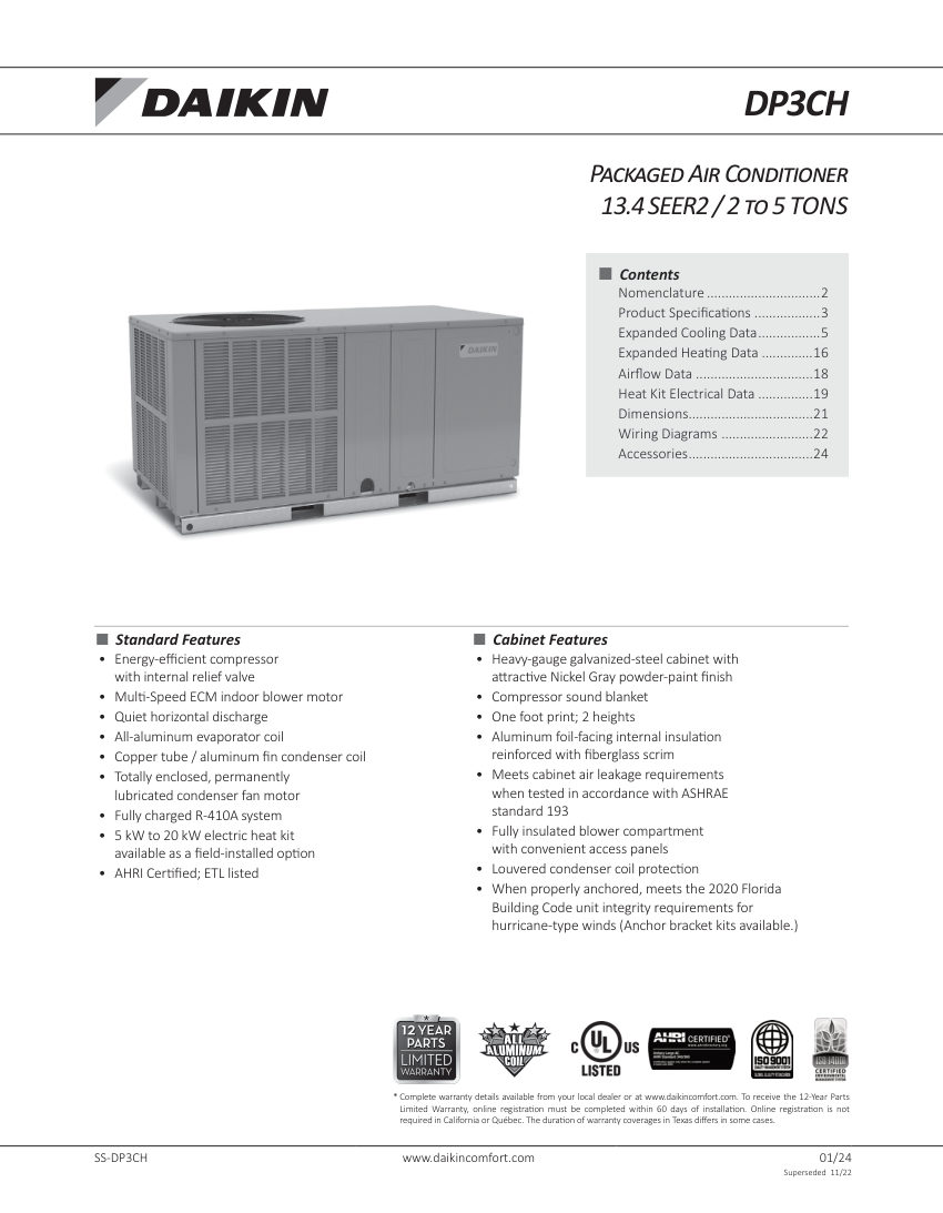 Daikin DP3CH cut sheet — first page