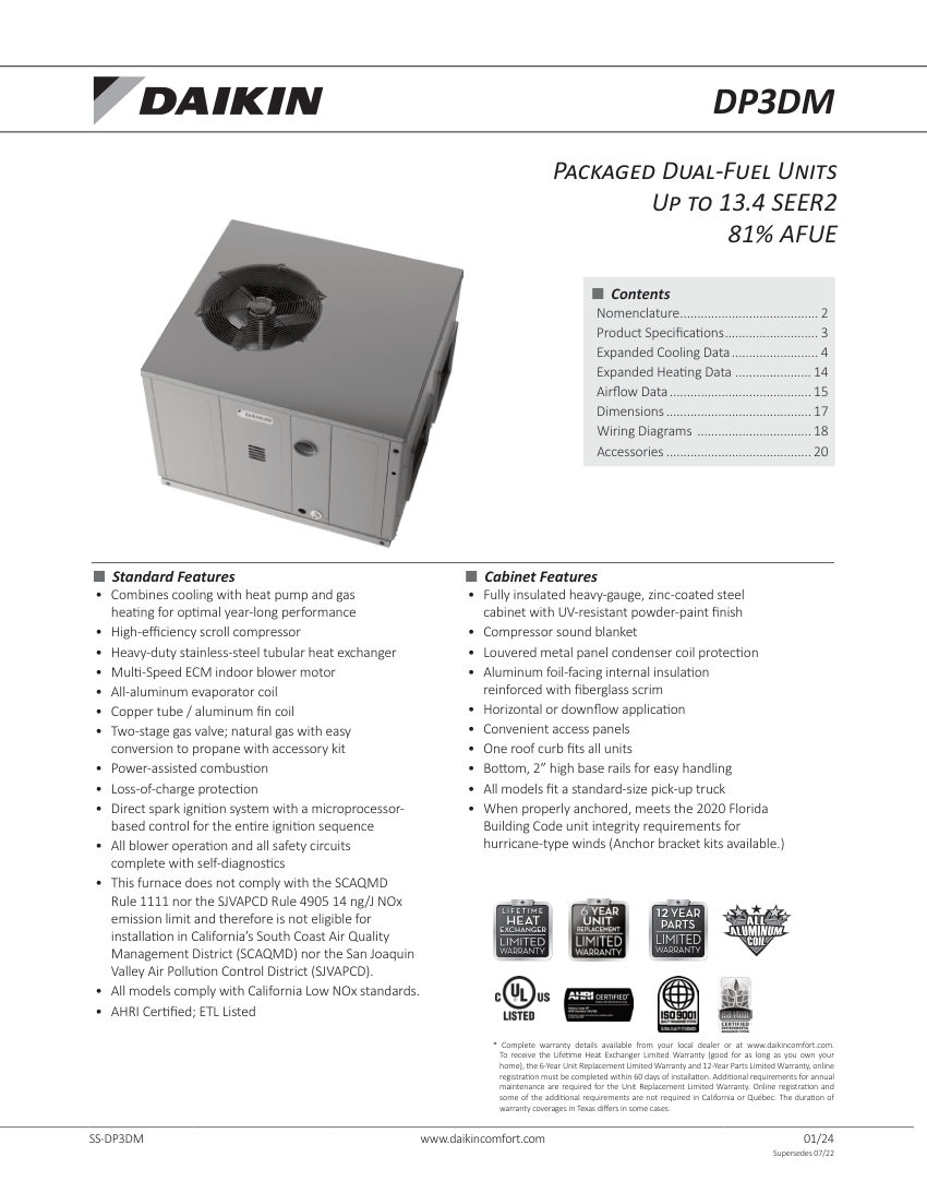 Daikin DP3DM cut sheet — first page