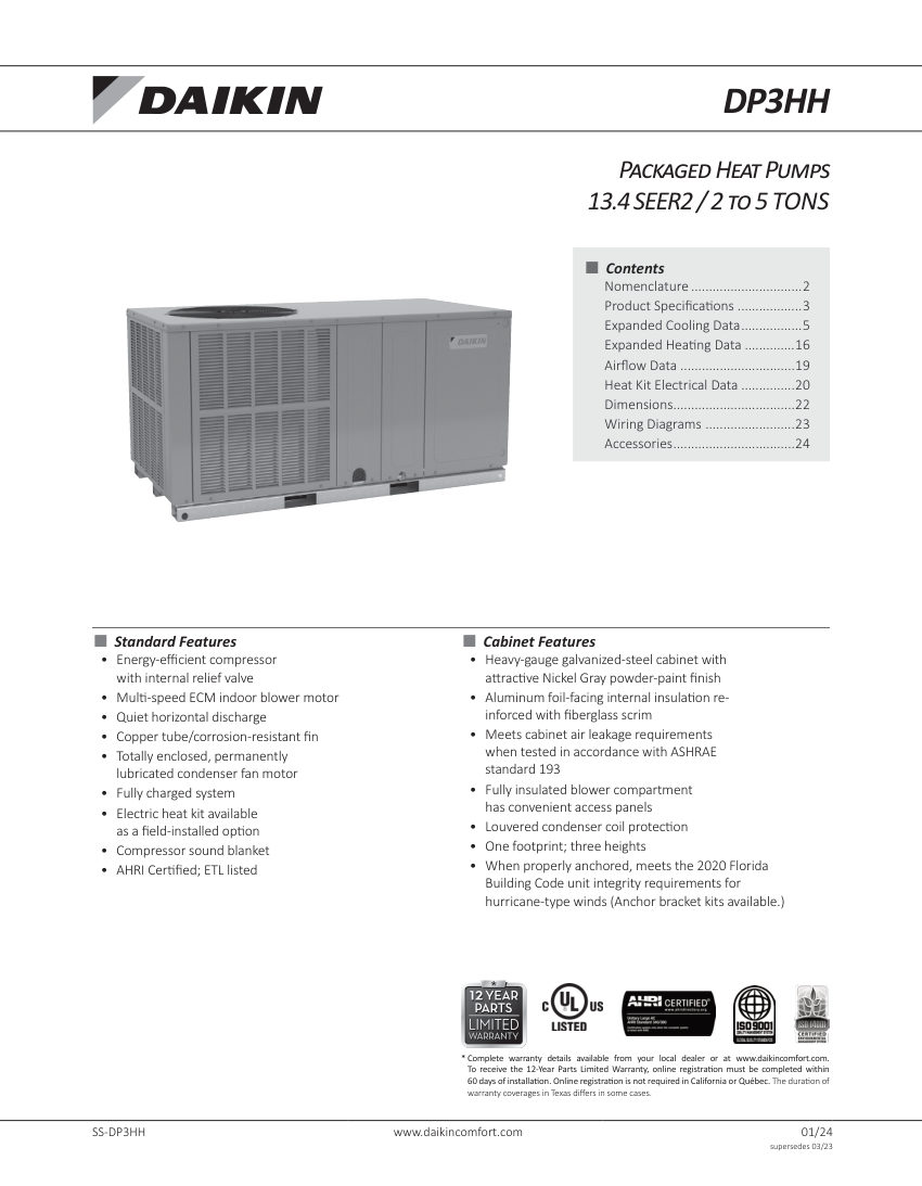 Daikin DP3HH cut sheet — first page