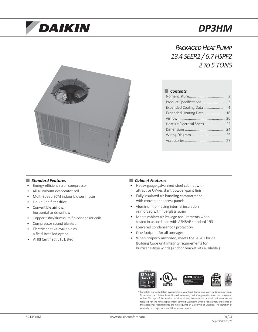 Daikin DP3HM cut sheet — first page