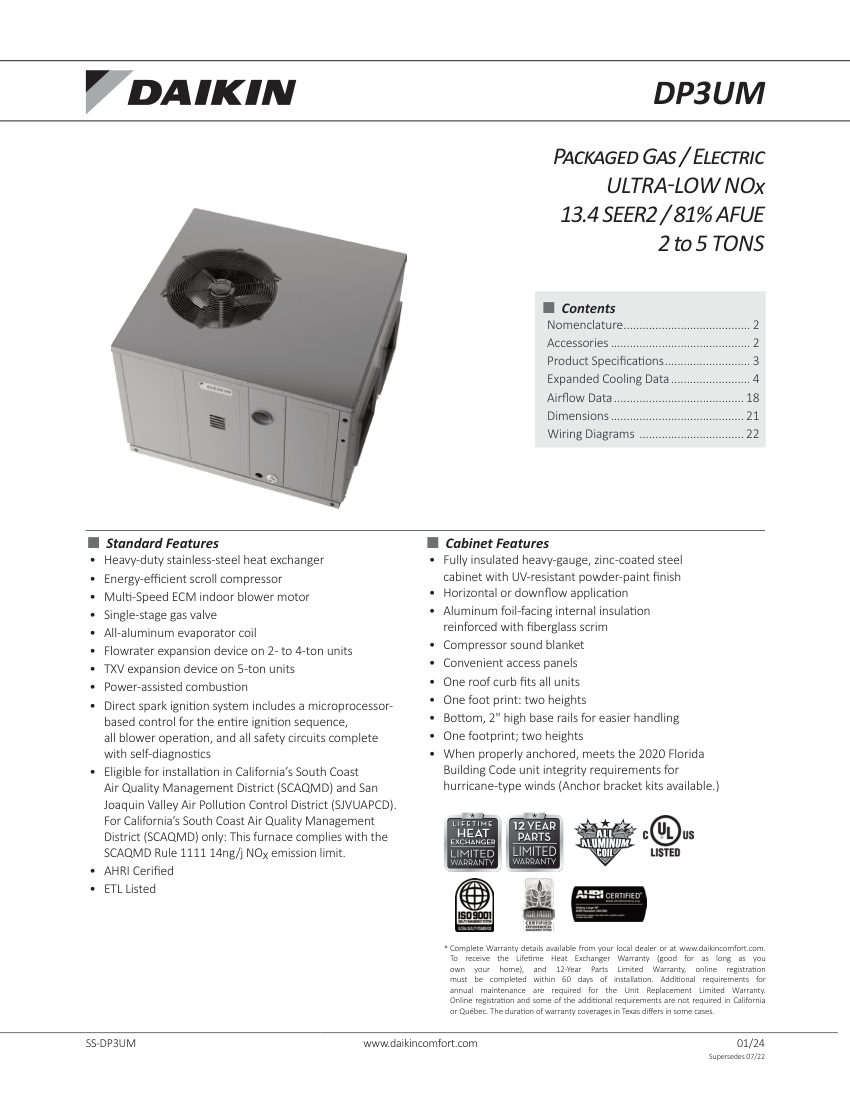 Daikin DP3UM cut sheet — first page