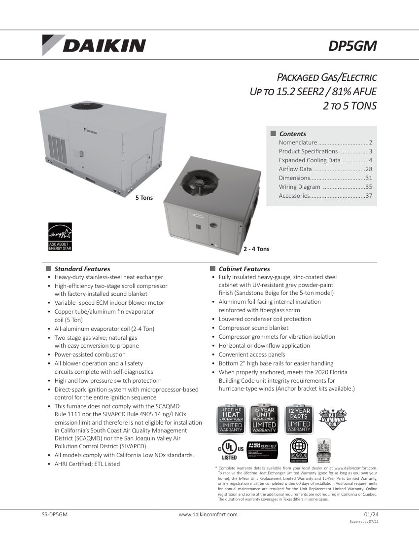 Daikin DP5GM cut sheet — first page