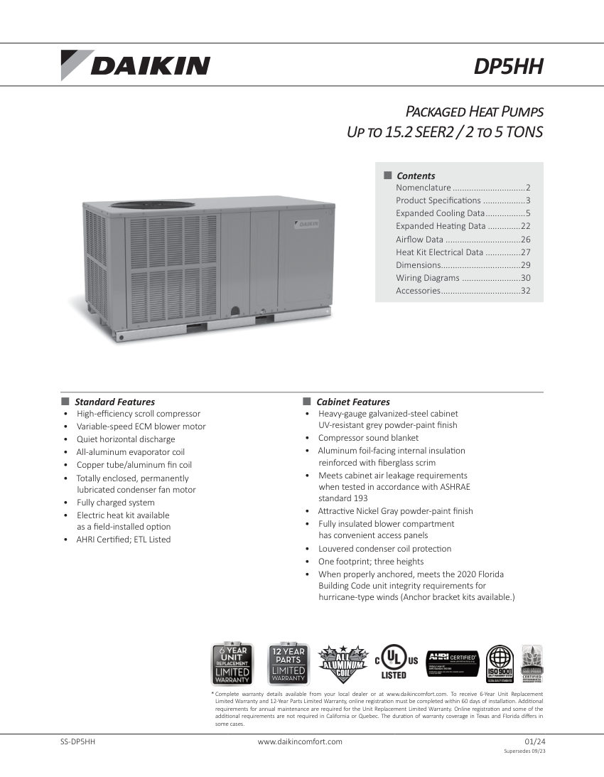 Daikin DP5HH cut sheet — first page