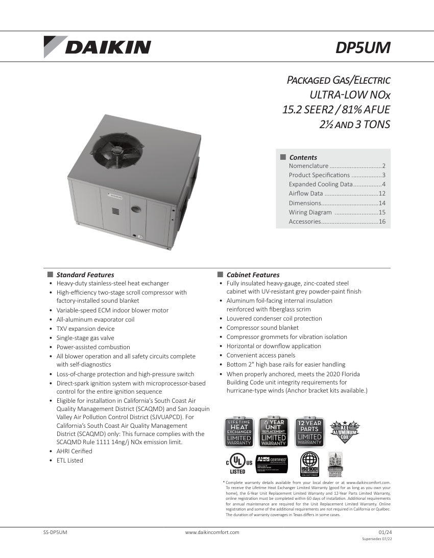 Daikin DP5UM cut sheet — first page