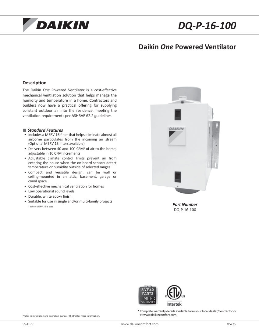 Daikin DQ-P-16-100 cut sheet — first page
