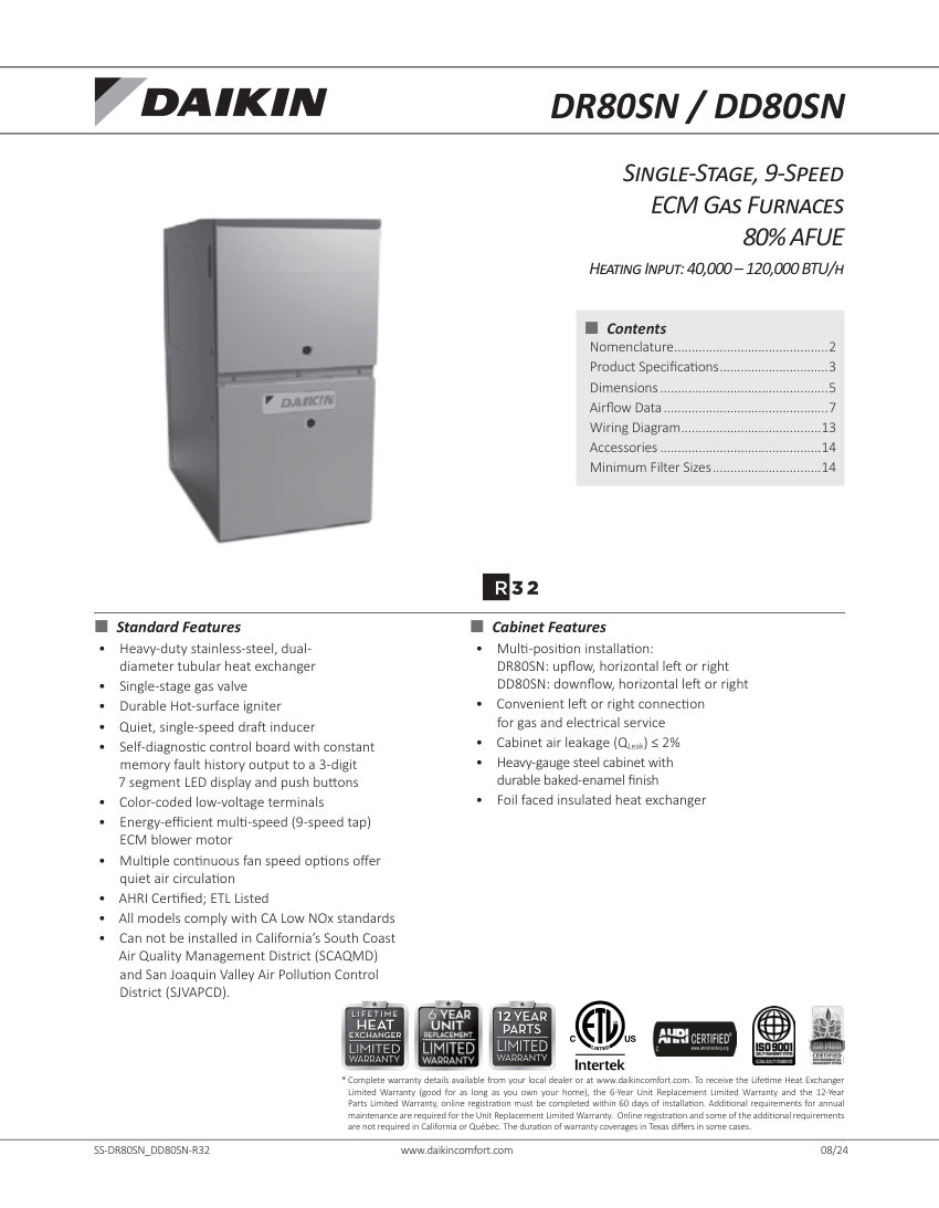 Daikin DR80SN0403A*A cut sheet — first page