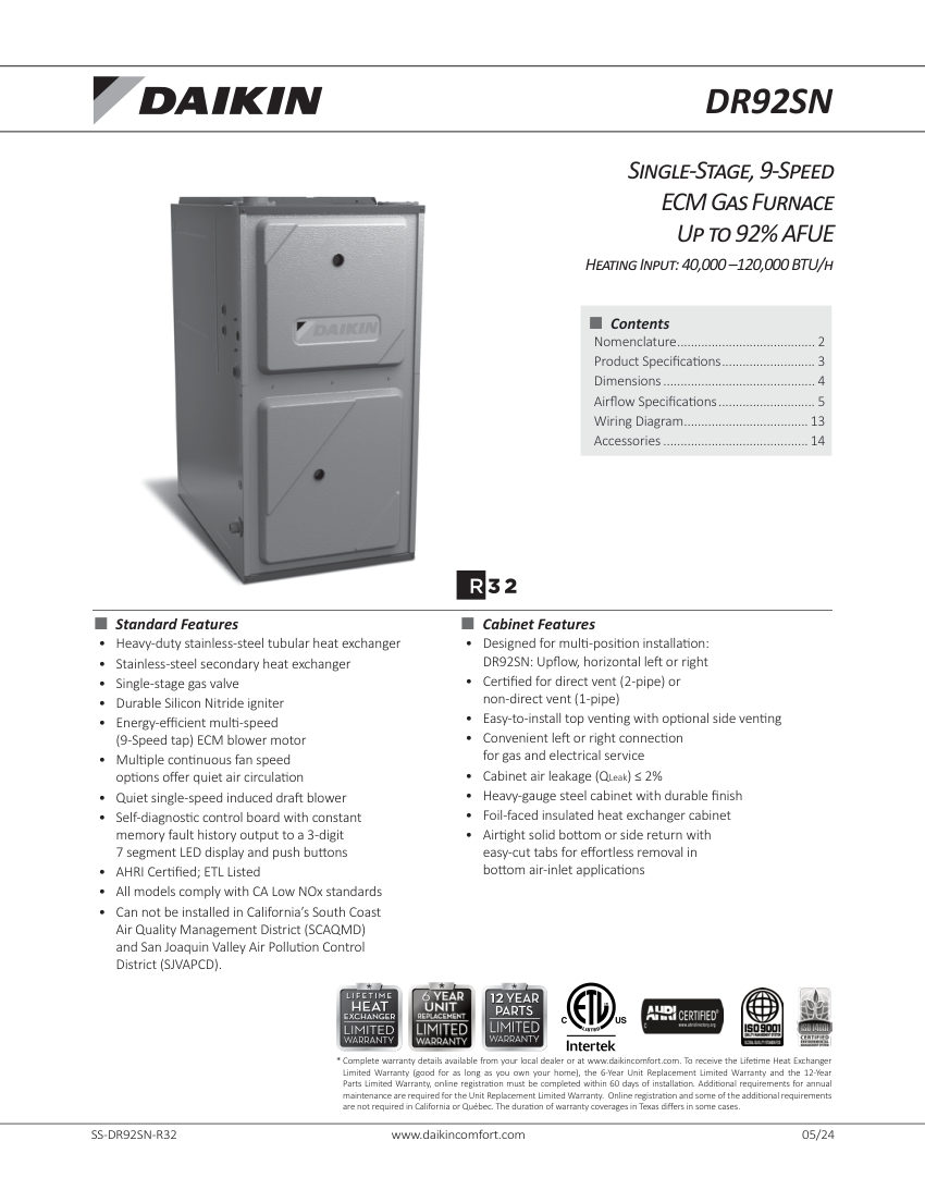 Daikin DR92SN-R32 cut sheet — first page