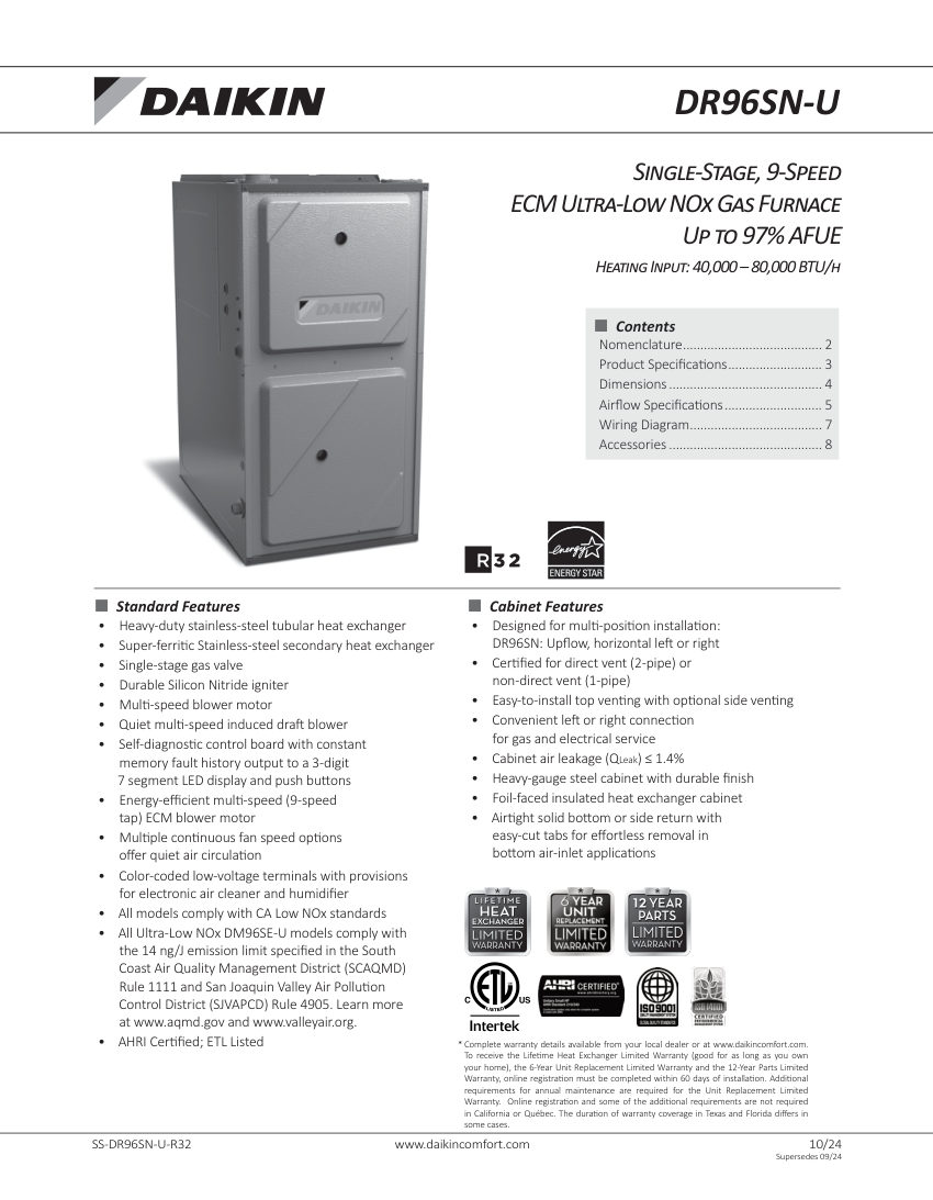 Daikin DR96SN cut sheet — first page