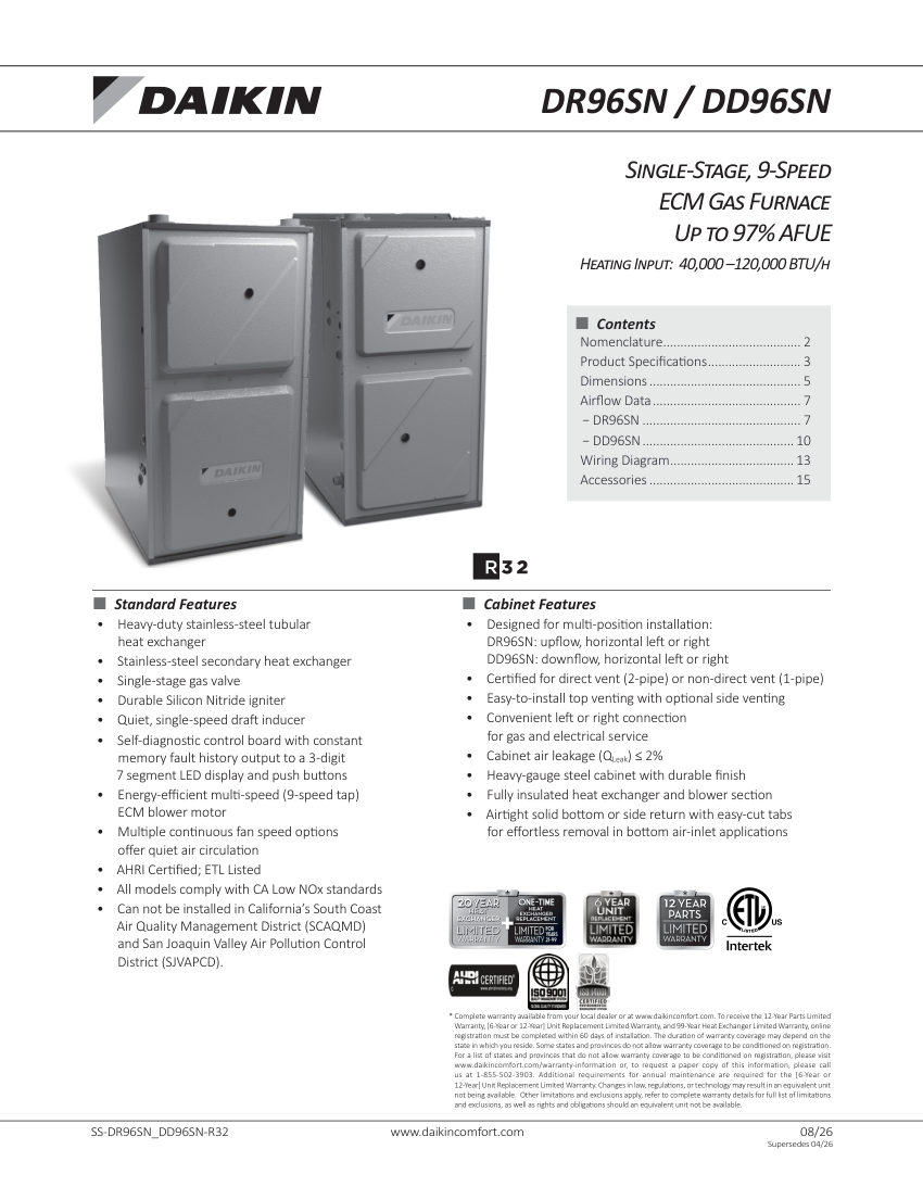 Daikin DR96SN0403AN cut sheet — first page