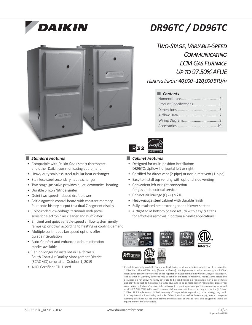 Daikin DR96TC cut sheet — first page