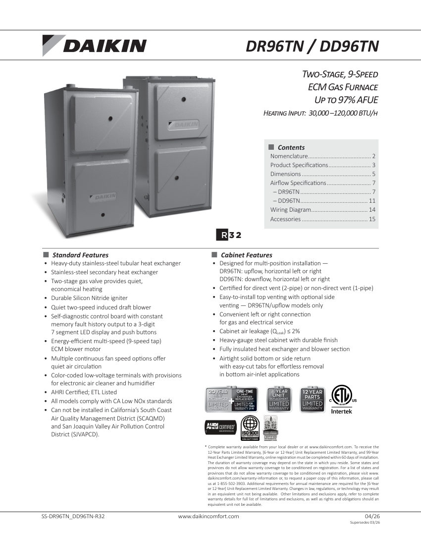 Daikin DR96TN cut sheet — first page