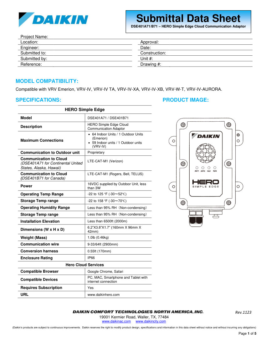 Daikin DSE401 cut sheet — first page