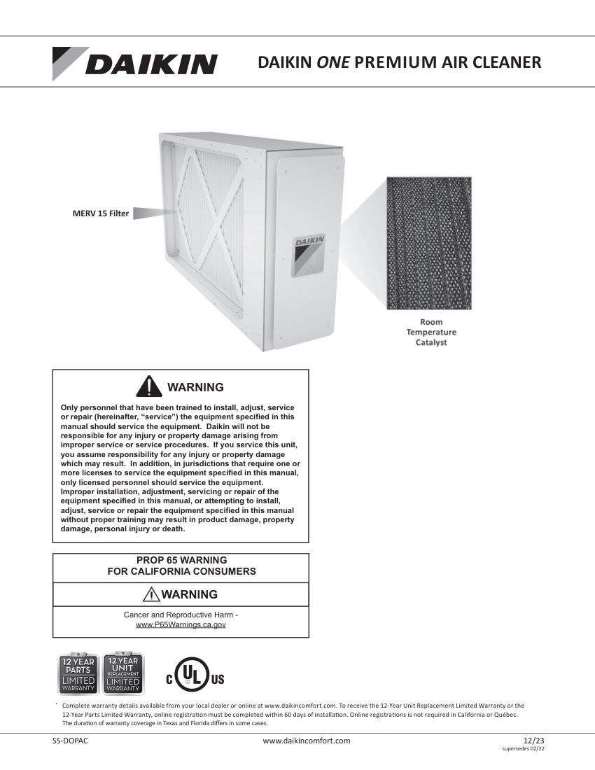 Daikin DV1-15 cut sheet — first page