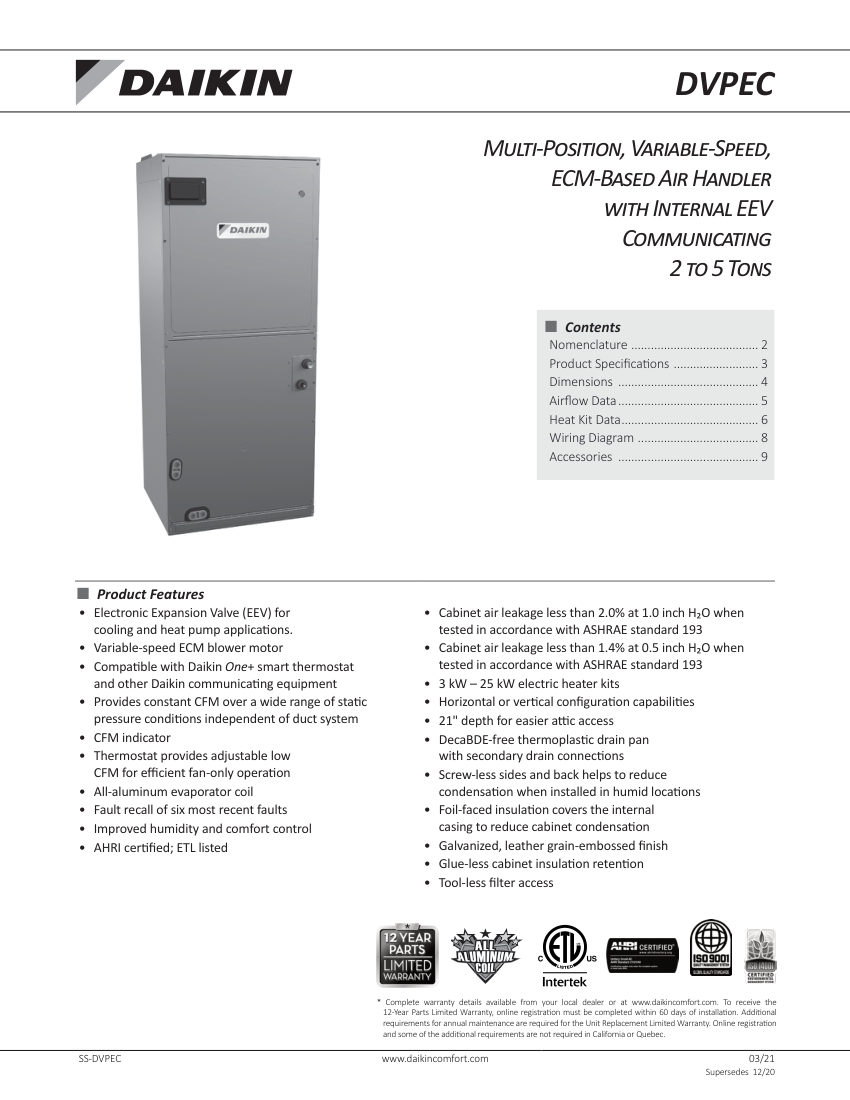Daikin DV25PECB14A* cut sheet — first page