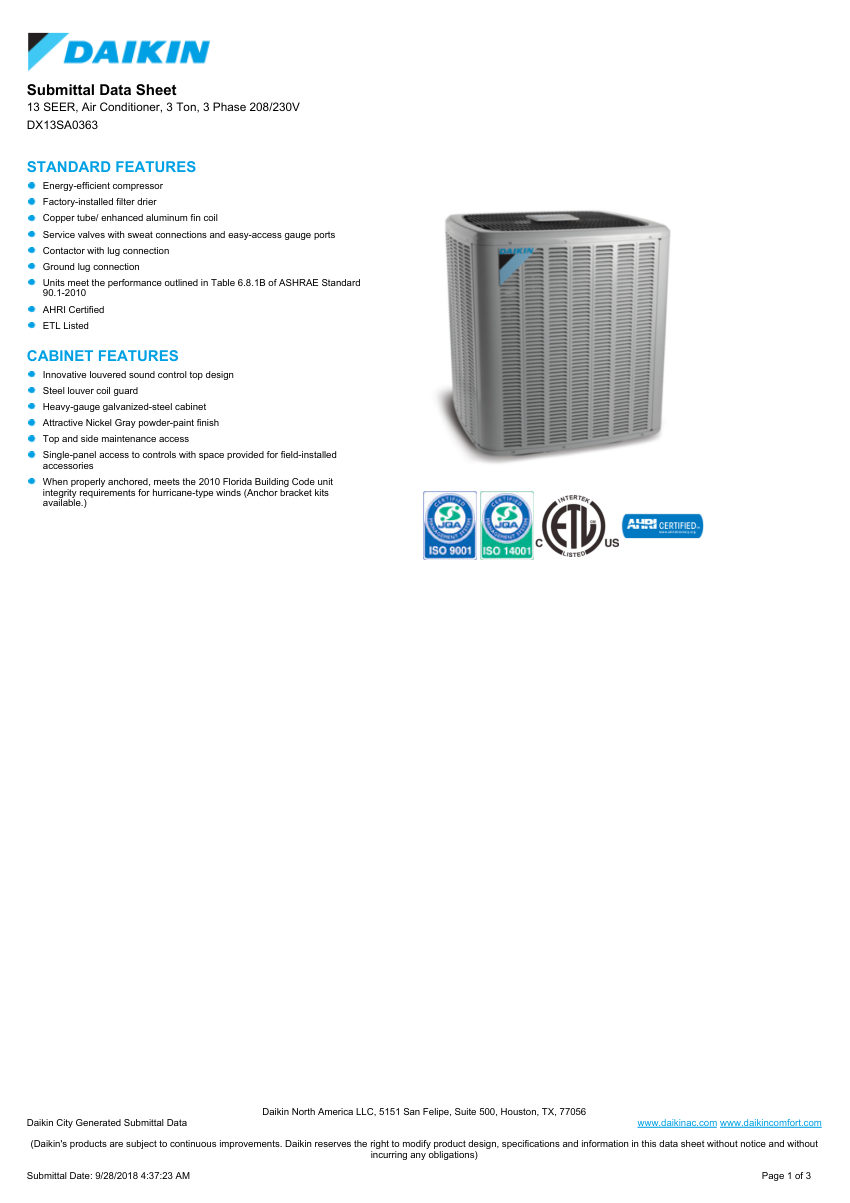 Daikin DX13SA cut sheet — first page