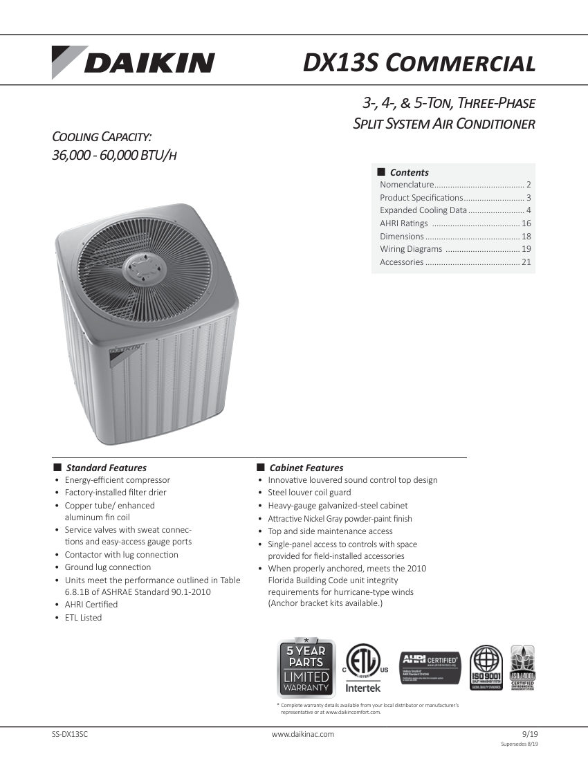 Daikin DX13SC cut sheet — first page