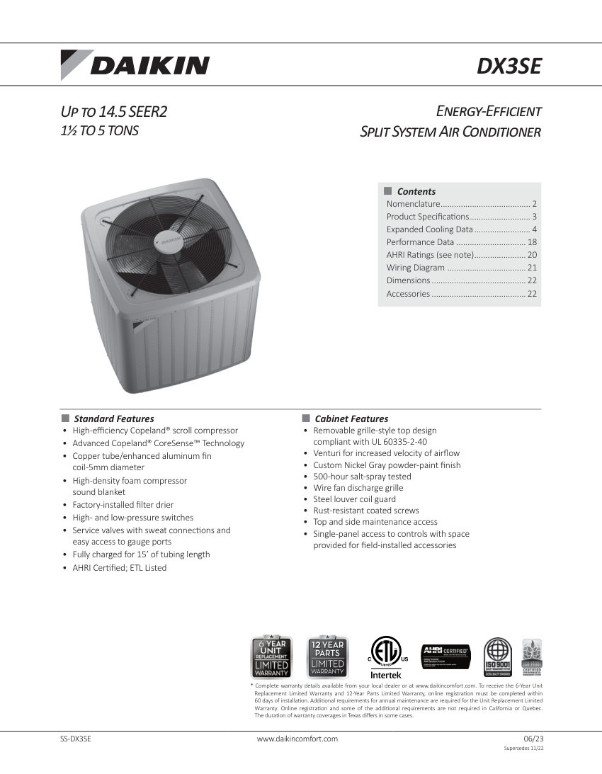 Daikin DX3SE cut sheet — first page