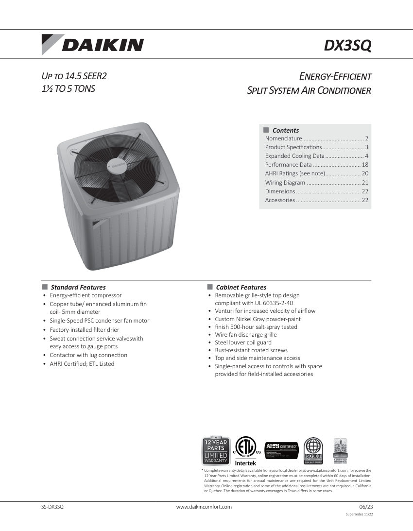 Daikin DX3SQ cut sheet — first page
