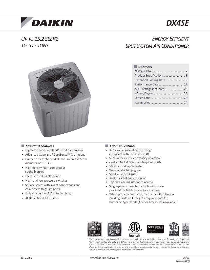 Daikin DX4SE cut sheet — first page